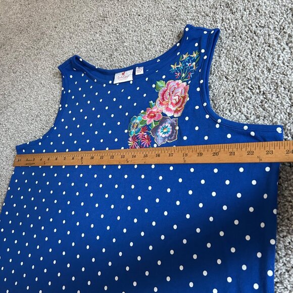 Quacker Factory Womens xl Blue Polka Dot Sleeveless Dress W/ Floral Embroidery - Picture 8 of 12